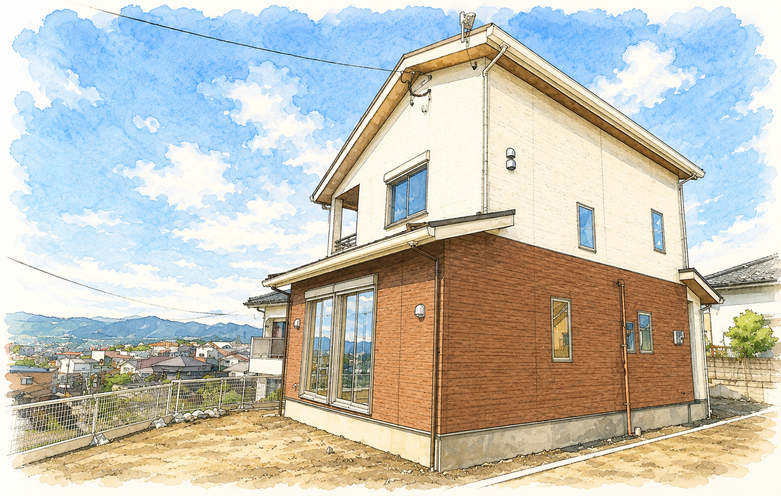錦江湾と桜島が一望できる家外観イラスト