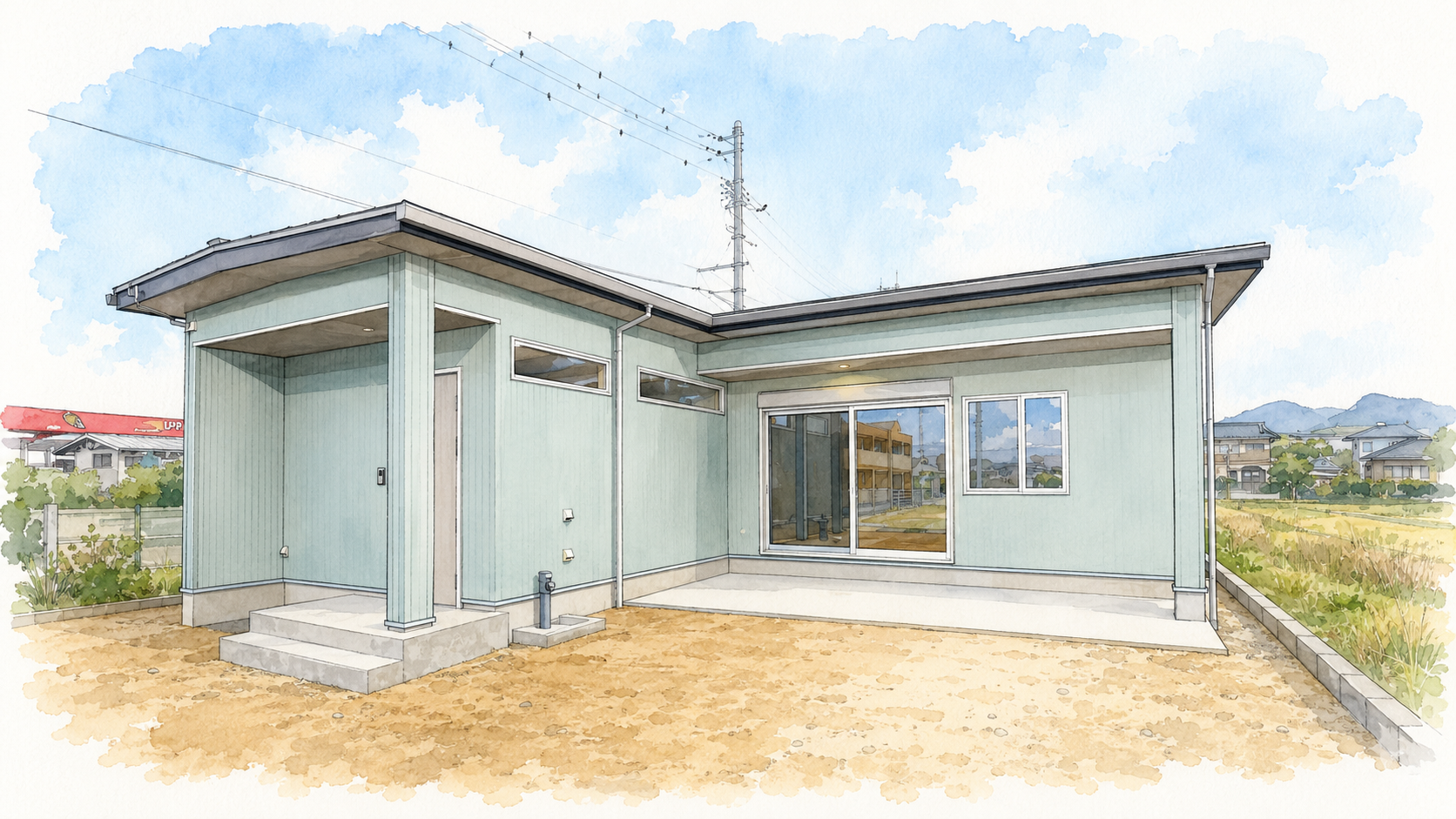 見せる収納にこだわった平屋建ての家外観イラスト